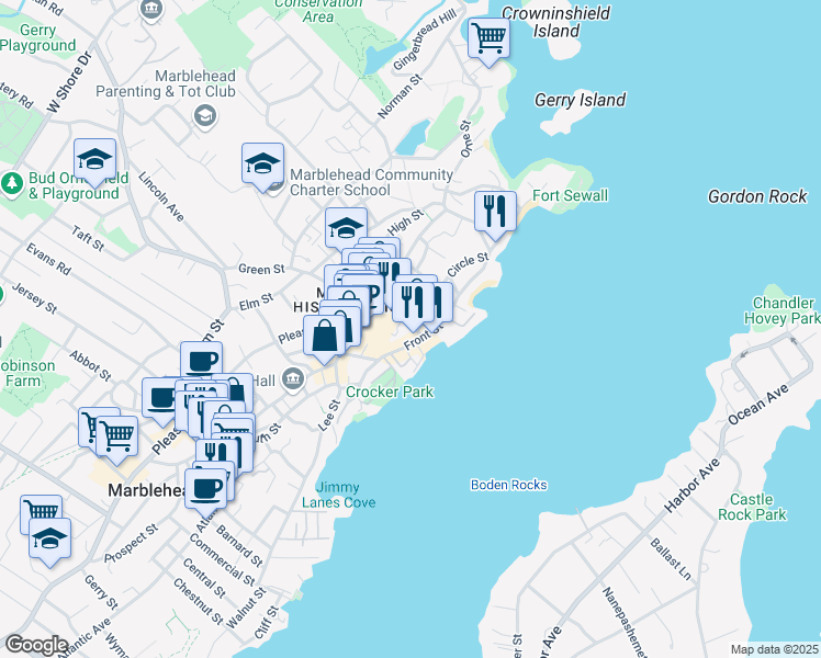 map of restaurants, bars, coffee shops, grocery stores, and more near 35 State Street in Marblehead