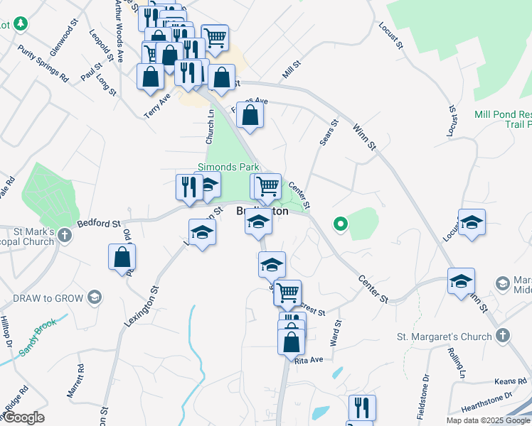 map of restaurants, bars, coffee shops, grocery stores, and more near 140 Cambridge Street in Burlington