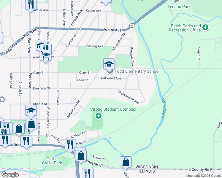 map of restaurants, bars, coffee shops, grocery stores, and more near 1614 Emerson Street in Beloit
