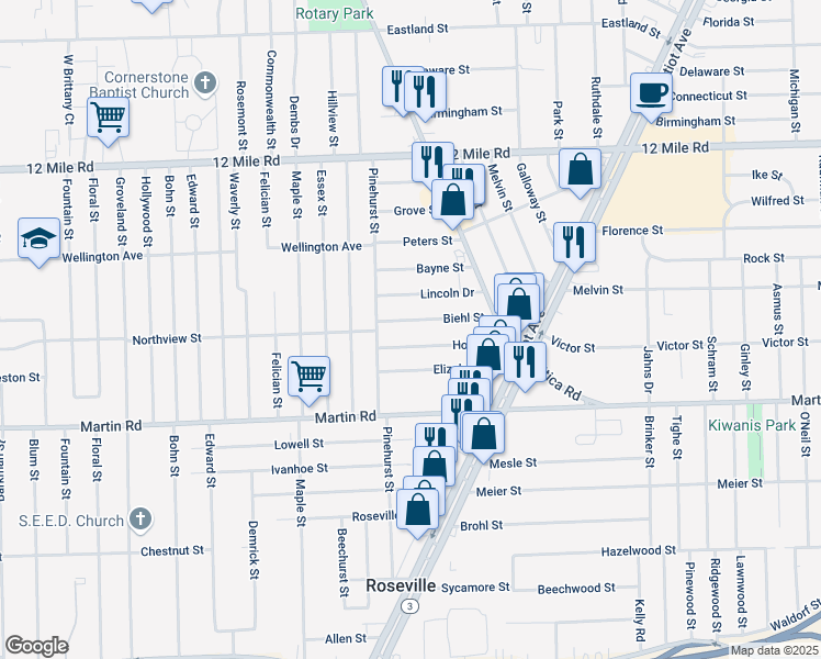 map of restaurants, bars, coffee shops, grocery stores, and more near 17871 Elizabeth Street in Roseville