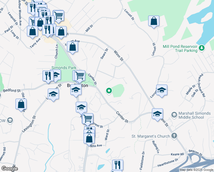 map of restaurants, bars, coffee shops, grocery stores, and more near 55 Center Street in Burlington