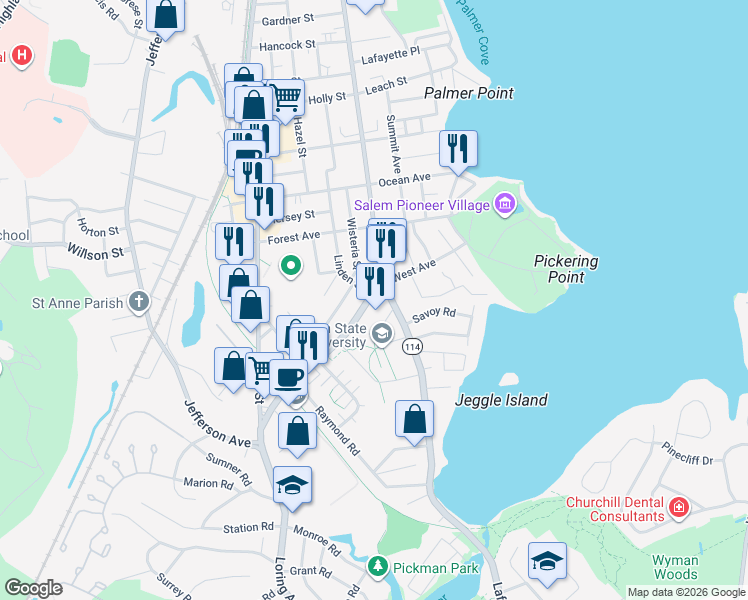map of restaurants, bars, coffee shops, grocery stores, and more near 1 Loring Avenue in Salem