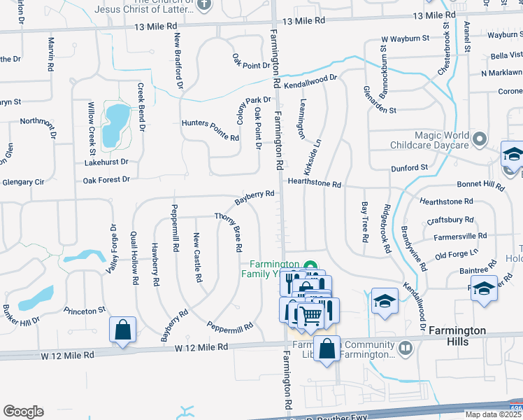 map of restaurants, bars, coffee shops, grocery stores, and more near 28374 Green Willow Road in Farmington Hills