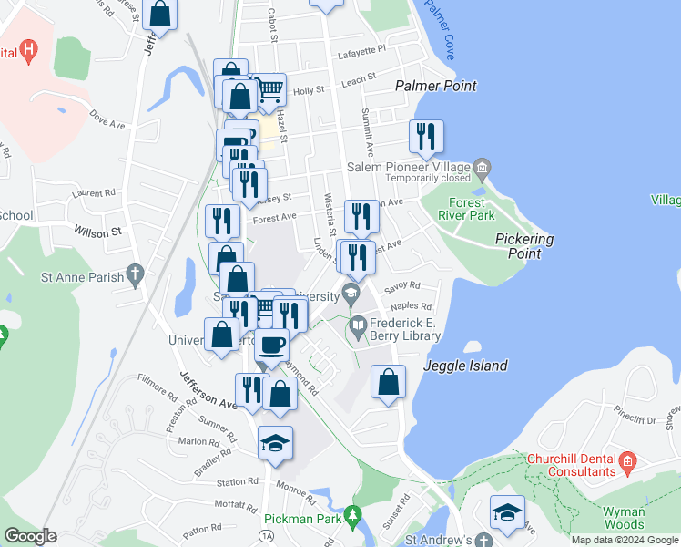 map of restaurants, bars, coffee shops, grocery stores, and more near 1 Loring Avenue in Salem