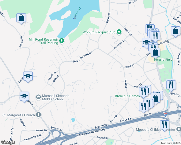 map of restaurants, bars, coffee shops, grocery stores, and more near 47 Arborwood Drive in Burlington
