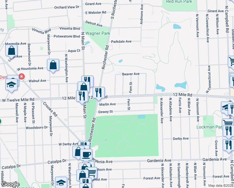 map of restaurants, bars, coffee shops, grocery stores, and more near 327 Marlin Avenue in Royal Oak