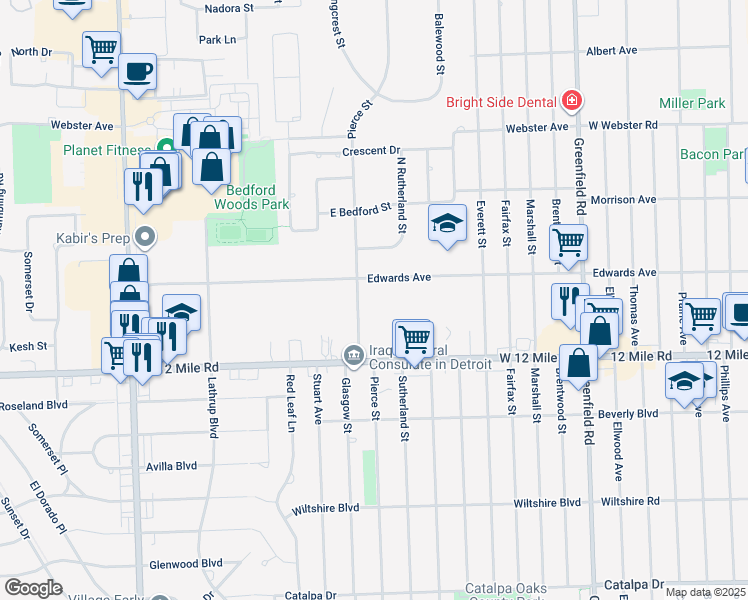 map of restaurants, bars, coffee shops, grocery stores, and more near 16500 West 12 Mile Road in Southfield
