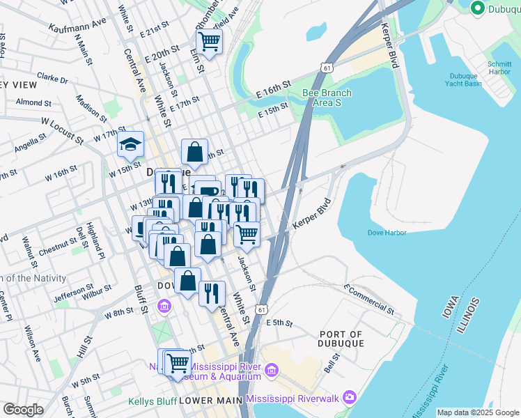 map of restaurants, bars, coffee shops, grocery stores, and more near in Dubuque