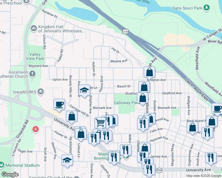 map of restaurants, bars, coffee shops, grocery stores, and more near 600 Maxwell Street in Waterloo