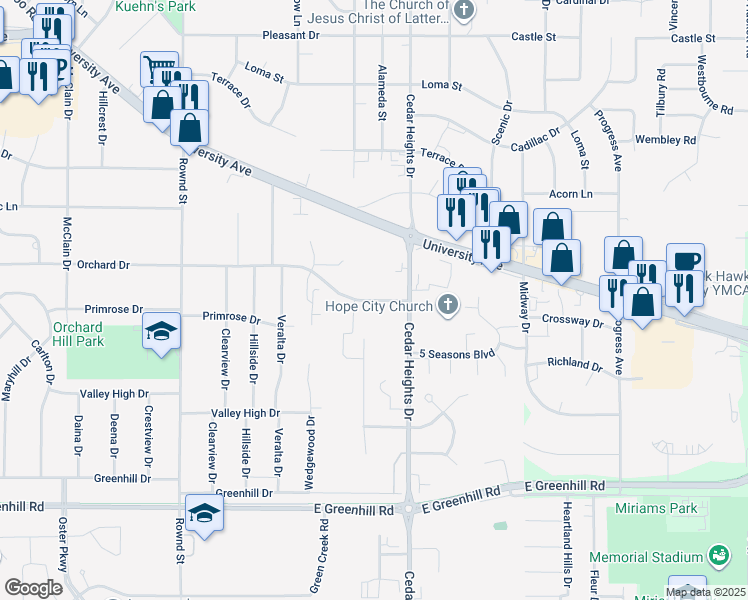 map of restaurants, bars, coffee shops, grocery stores, and more near 2627 Orchard Drive in Cedar Falls