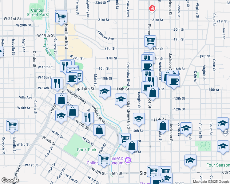 map of restaurants, bars, coffee shops, grocery stores, and more near 151-199 13th St in Sioux City