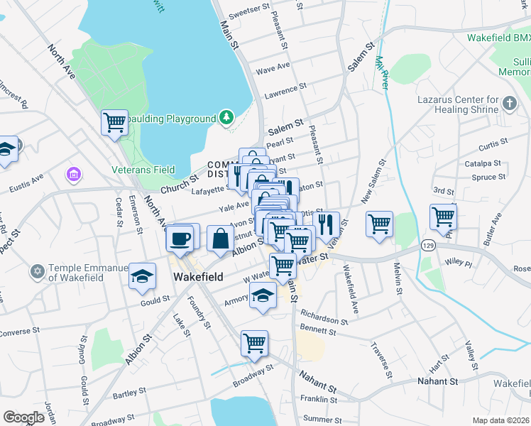 map of restaurants, bars, coffee shops, grocery stores, and more near 8 Avon Street in Wakefield