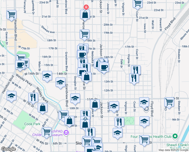 map of restaurants, bars, coffee shops, grocery stores, and more near 1320 Nebraska Street in Sioux City