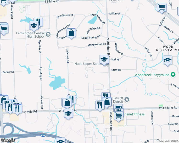 map of restaurants, bars, coffee shops, grocery stores, and more near 28623 Venice Court in Farmington Hills