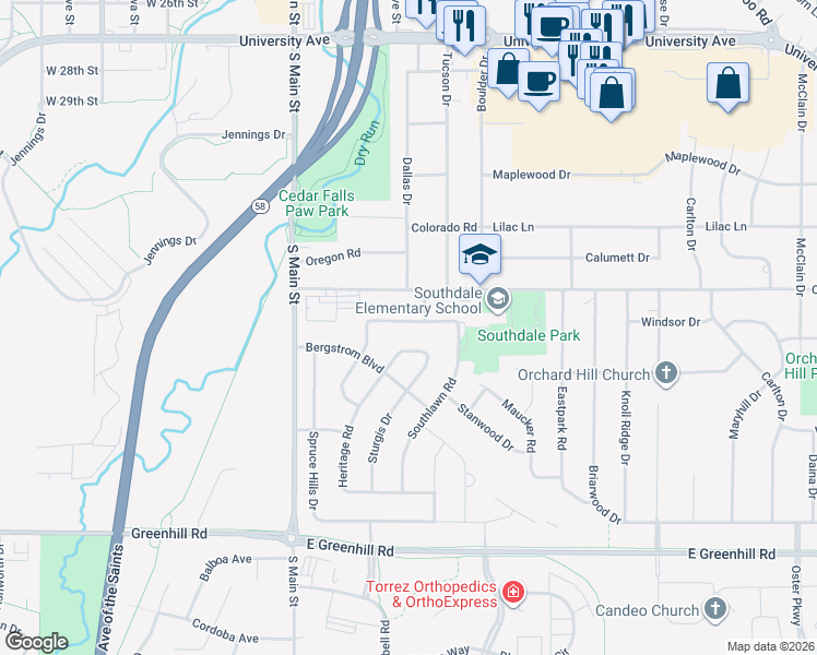 map of restaurants, bars, coffee shops, grocery stores, and more near 116 Devlin Circle in Cedar Falls