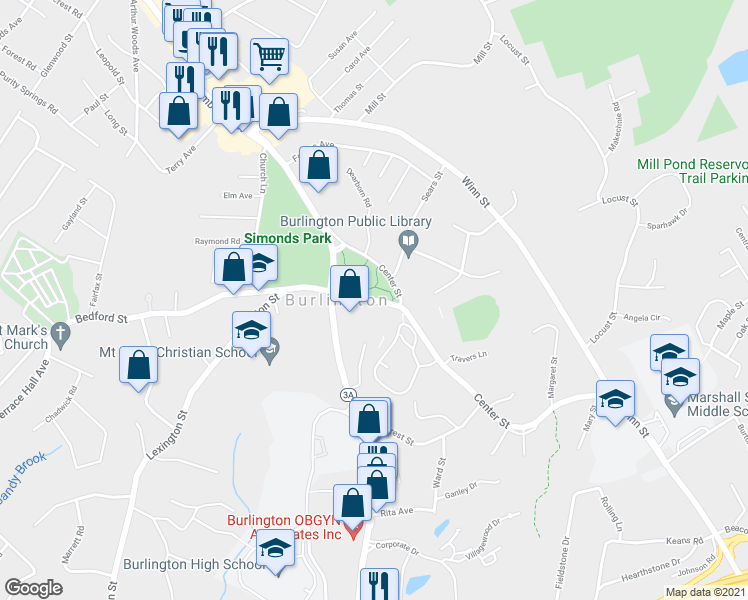 map of restaurants, bars, coffee shops, grocery stores, and more near 6 Bedford Street in Burlington