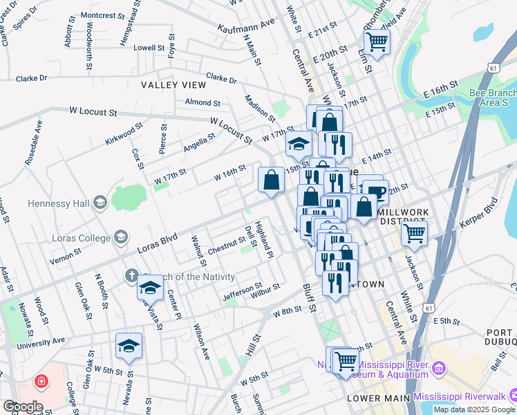 map of restaurants, bars, coffee shops, grocery stores, and more near 460 Loras Boulevard in Dubuque