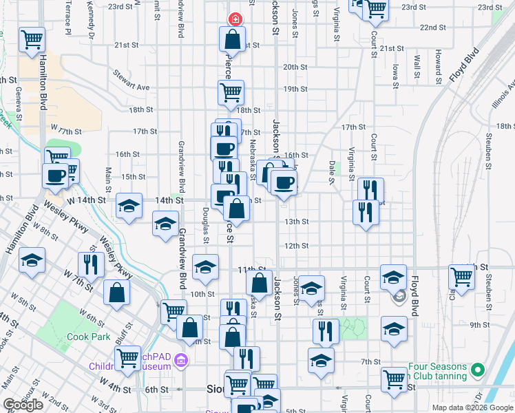 map of restaurants, bars, coffee shops, grocery stores, and more near 1320 Nebraska Street in Sioux City