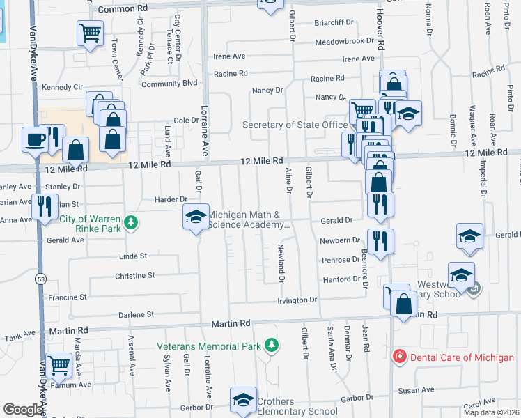 map of restaurants, bars, coffee shops, grocery stores, and more near 11112 Gerald Drive in Warren