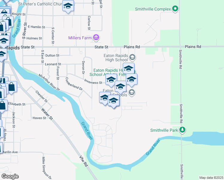 map of restaurants, bars, coffee shops, grocery stores, and more near 810 Greyhound Drive in Eaton Rapids