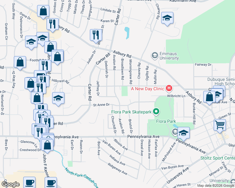 map of restaurants, bars, coffee shops, grocery stores, and more near 1974 Avalon Road in Dubuque