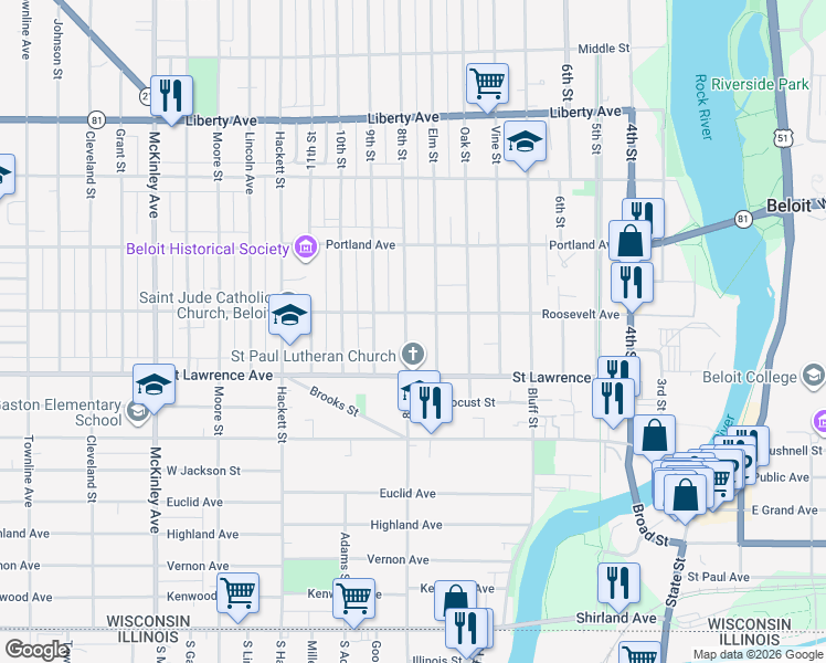 map of restaurants, bars, coffee shops, grocery stores, and more near 802 Elm Street in Beloit