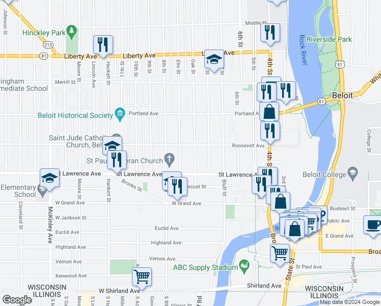 map of restaurants, bars, coffee shops, grocery stores, and more near 742 Oak Street in Beloit