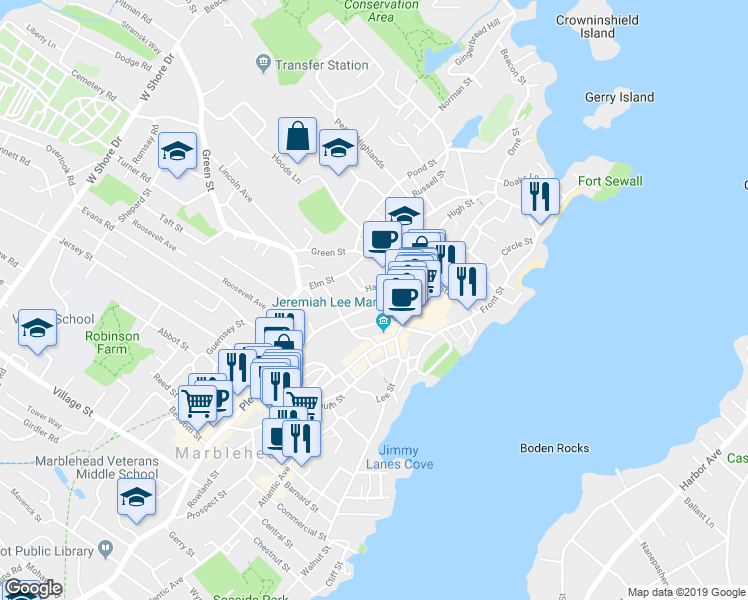 map of restaurants, bars, coffee shops, grocery stores, and more near 28 Harris Street in Marblehead