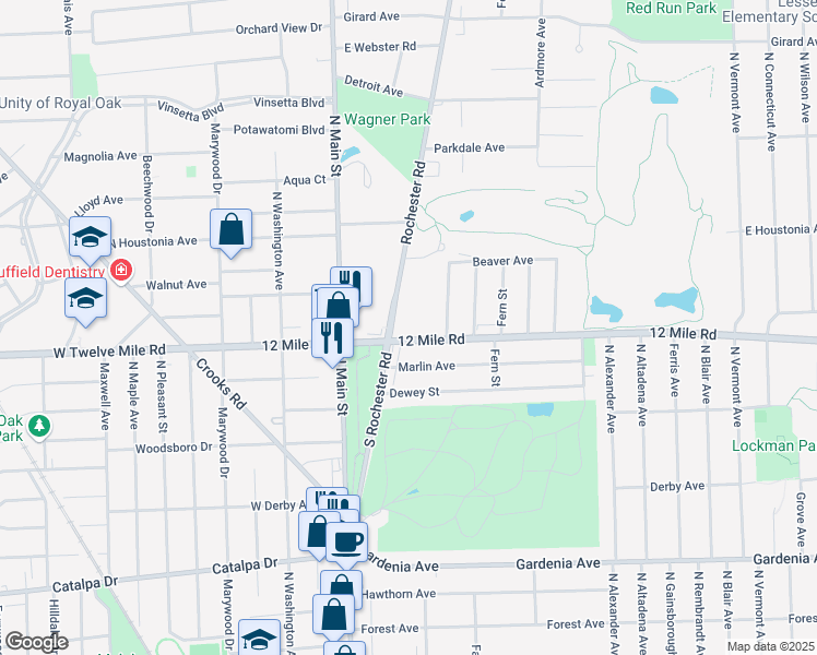 map of restaurants, bars, coffee shops, grocery stores, and more near 1820 Rochester Road in Royal Oak
