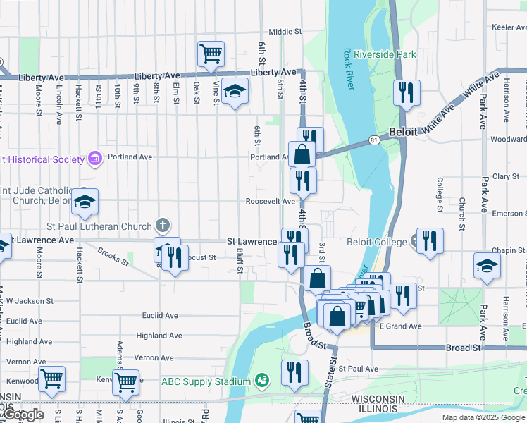 map of restaurants, bars, coffee shops, grocery stores, and more near 215 Roosevelt Avenue in Beloit