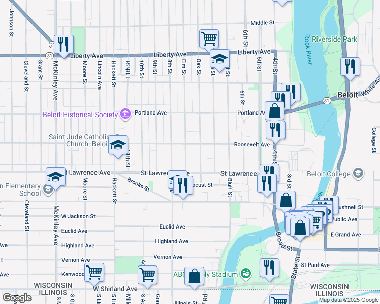 map of restaurants, bars, coffee shops, grocery stores, and more near 505 Roosevelt Avenue in Beloit