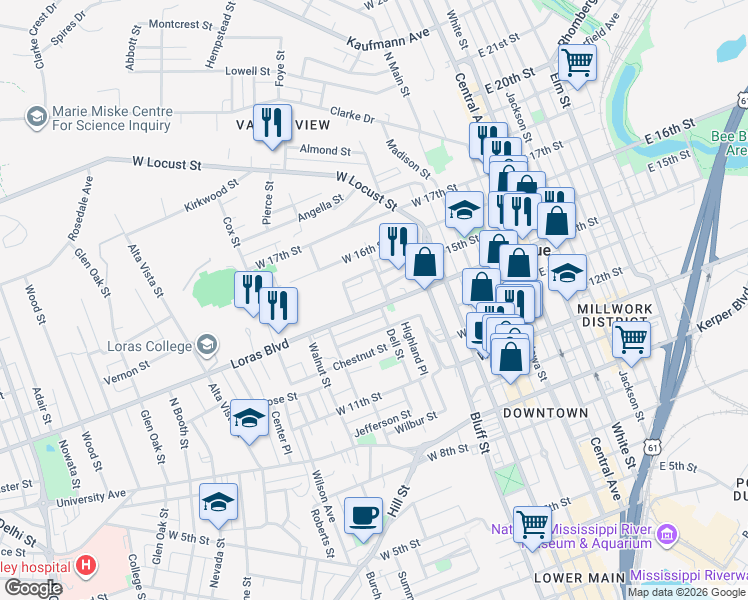 map of restaurants, bars, coffee shops, grocery stores, and more near 1490 Cornell Street in Dubuque