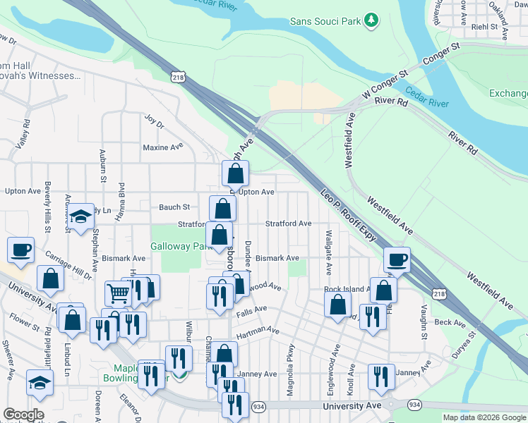 map of restaurants, bars, coffee shops, grocery stores, and more near 625 Upton Avenue in Waterloo