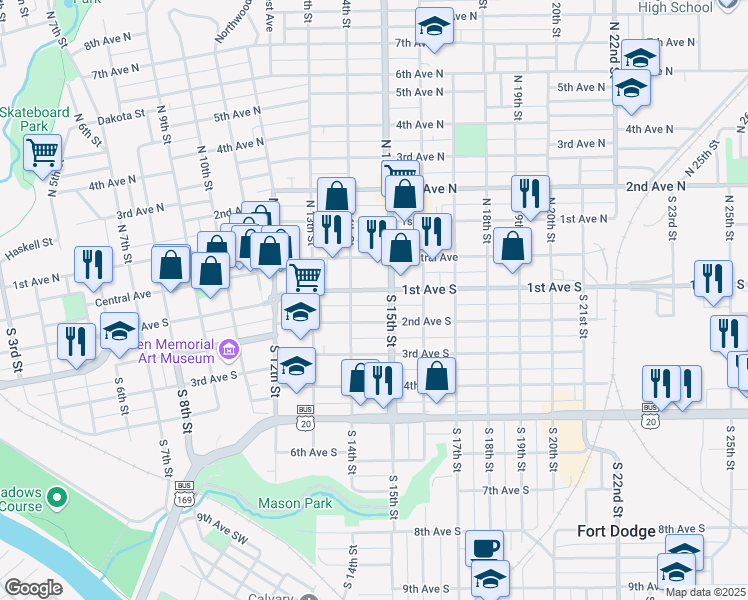 map of restaurants, bars, coffee shops, grocery stores, and more near 1417 Central Avenue in Fort Dodge