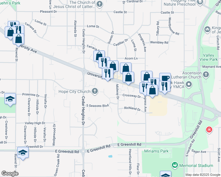 map of restaurants, bars, coffee shops, grocery stores, and more near 4117 University Avenue in Cedar Falls