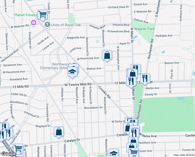 map of restaurants, bars, coffee shops, grocery stores, and more near 532 Cherry Avenue in Royal Oak