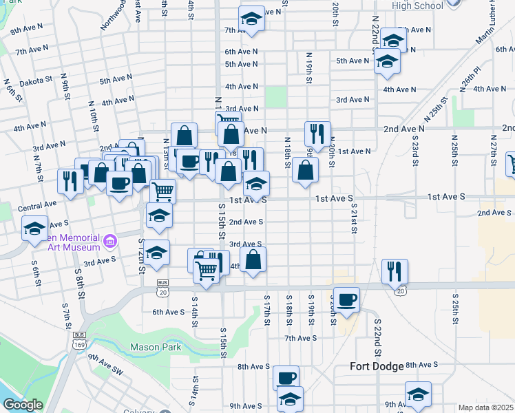 map of restaurants, bars, coffee shops, grocery stores, and more near 104 South 17th Street in Fort Dodge