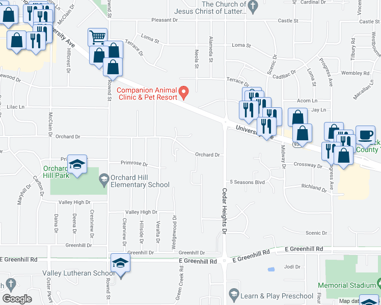 map of restaurants, bars, coffee shops, grocery stores, and more near 2633 Orchard Drive in Cedar Falls