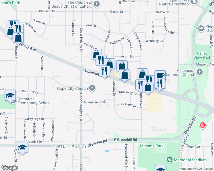 map of restaurants, bars, coffee shops, grocery stores, and more near 4117 University Avenue in Cedar Falls