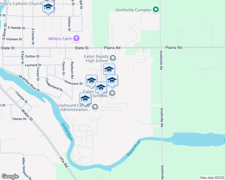map of restaurants, bars, coffee shops, grocery stores, and more near 805 Greyhound Drive in Eaton Rapids