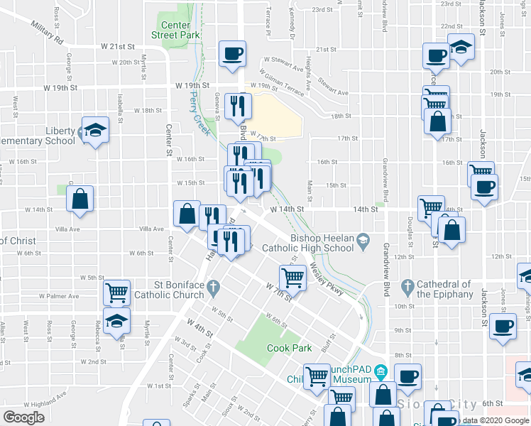 map of restaurants, bars, coffee shops, grocery stores, and more near 1401 Omaha Street in Sioux City