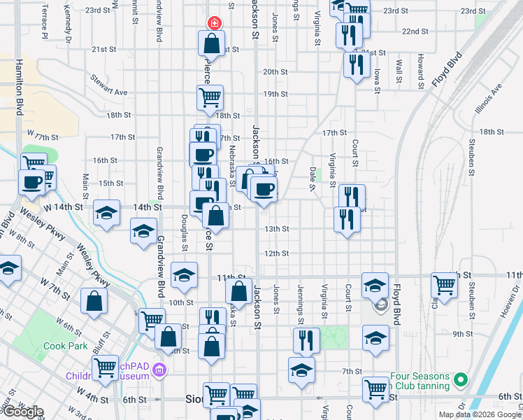 map of restaurants, bars, coffee shops, grocery stores, and more near 1498 Jackson Street in Sioux City