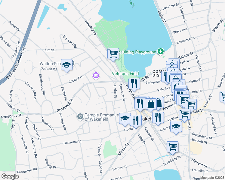 map of restaurants, bars, coffee shops, grocery stores, and more near 18 Prospect Street in Wakefield