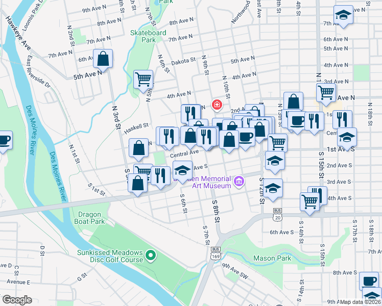 map of restaurants, bars, coffee shops, grocery stores, and more near 701 Central Avenue in Fort Dodge