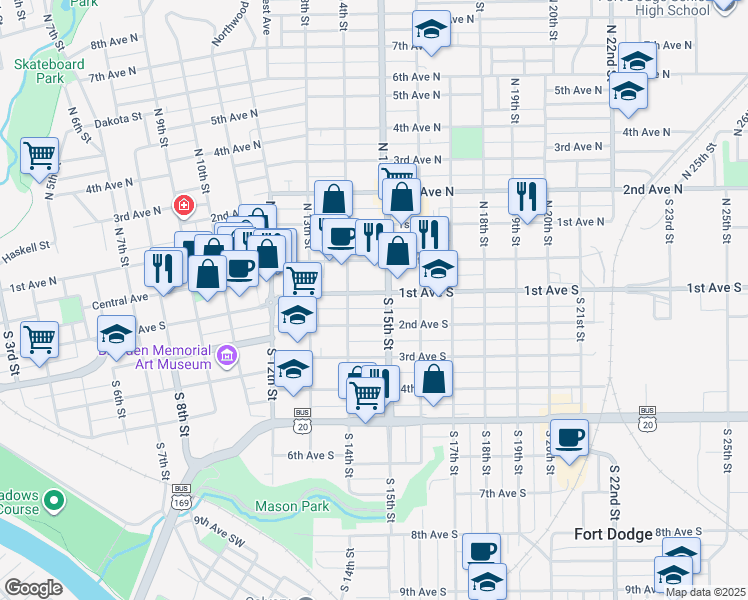 map of restaurants, bars, coffee shops, grocery stores, and more near 1425 1st Avenue South in Fort Dodge