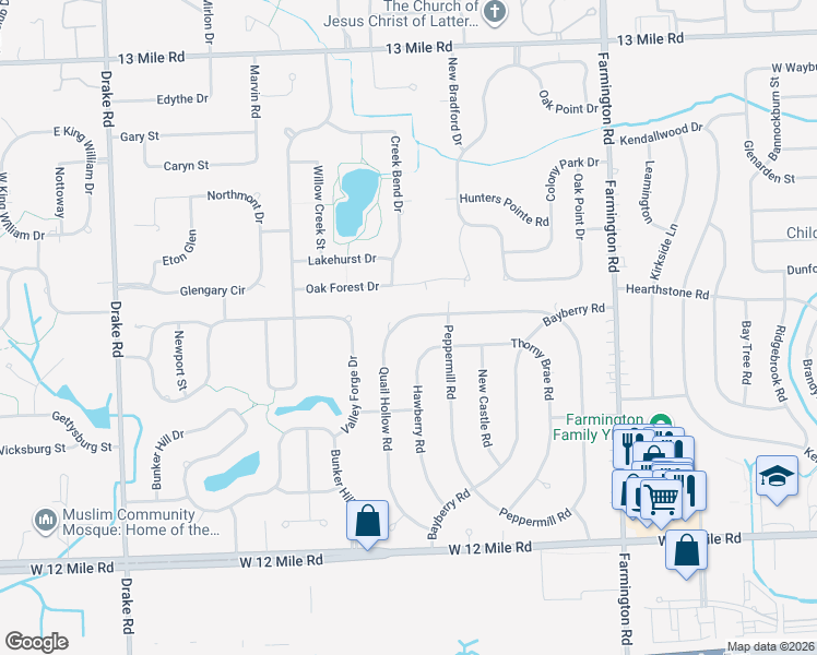 map of restaurants, bars, coffee shops, grocery stores, and more near 28454 Quail Hollow Road in Farmington Hills