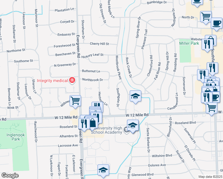 map of restaurants, bars, coffee shops, grocery stores, and more near 29470 Northbrook Court in Southfield