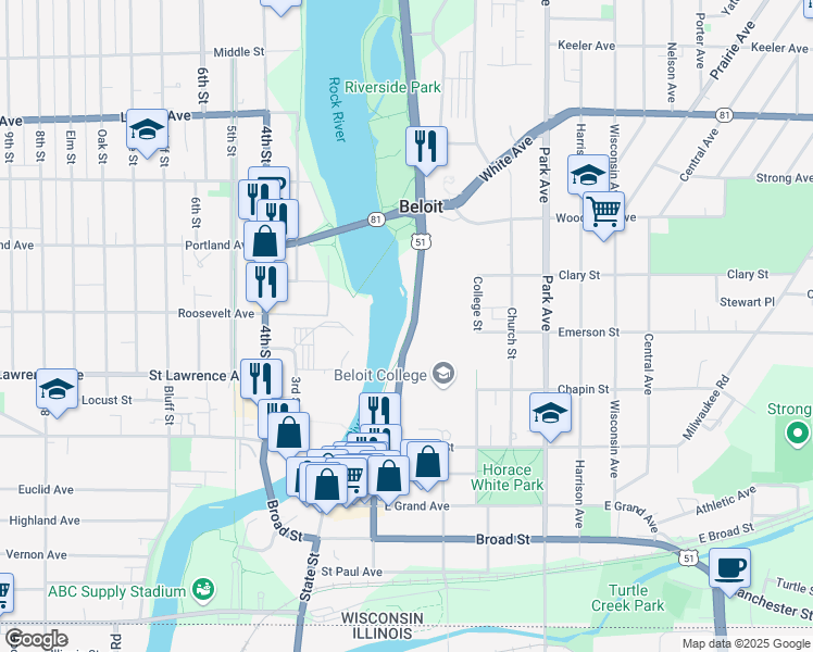 map of restaurants, bars, coffee shops, grocery stores, and more near 800 Pleasant Street in Beloit