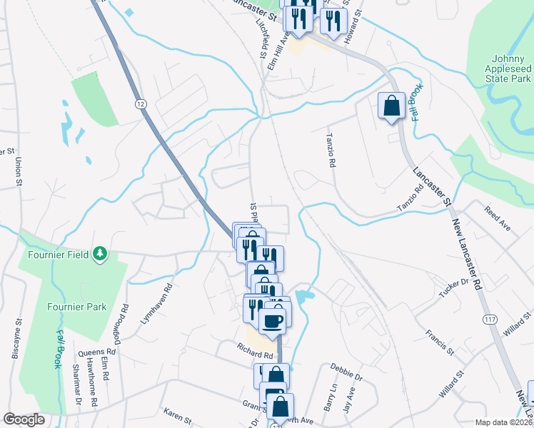 map of restaurants, bars, coffee shops, grocery stores, and more near 19 Calza Street in Leominster