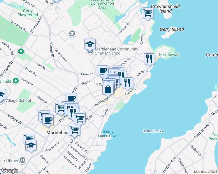 map of restaurants, bars, coffee shops, grocery stores, and more near 28 Harris Street in Marblehead